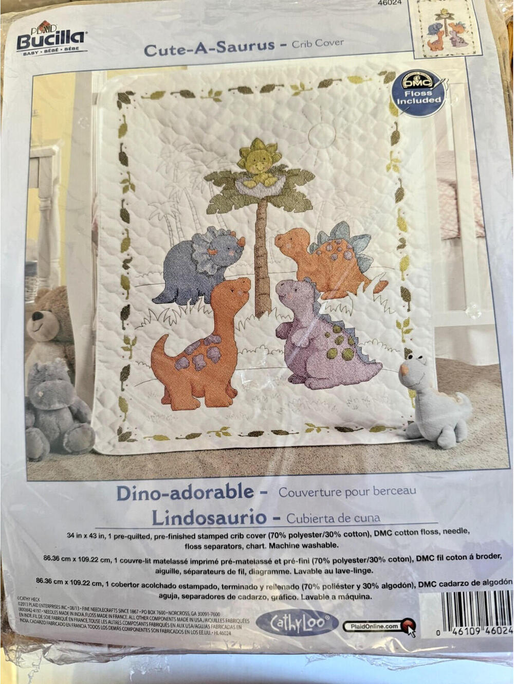 Cross-stitch kit titled 'Cute-A-Saurus' by Bucilla, Crib Baby Quilt 34"x43"